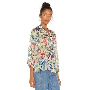 $295 ALICE + OLIVIA Sheila Gardenia Silk Satin Velvet Floral Shirt Top Blouse XS